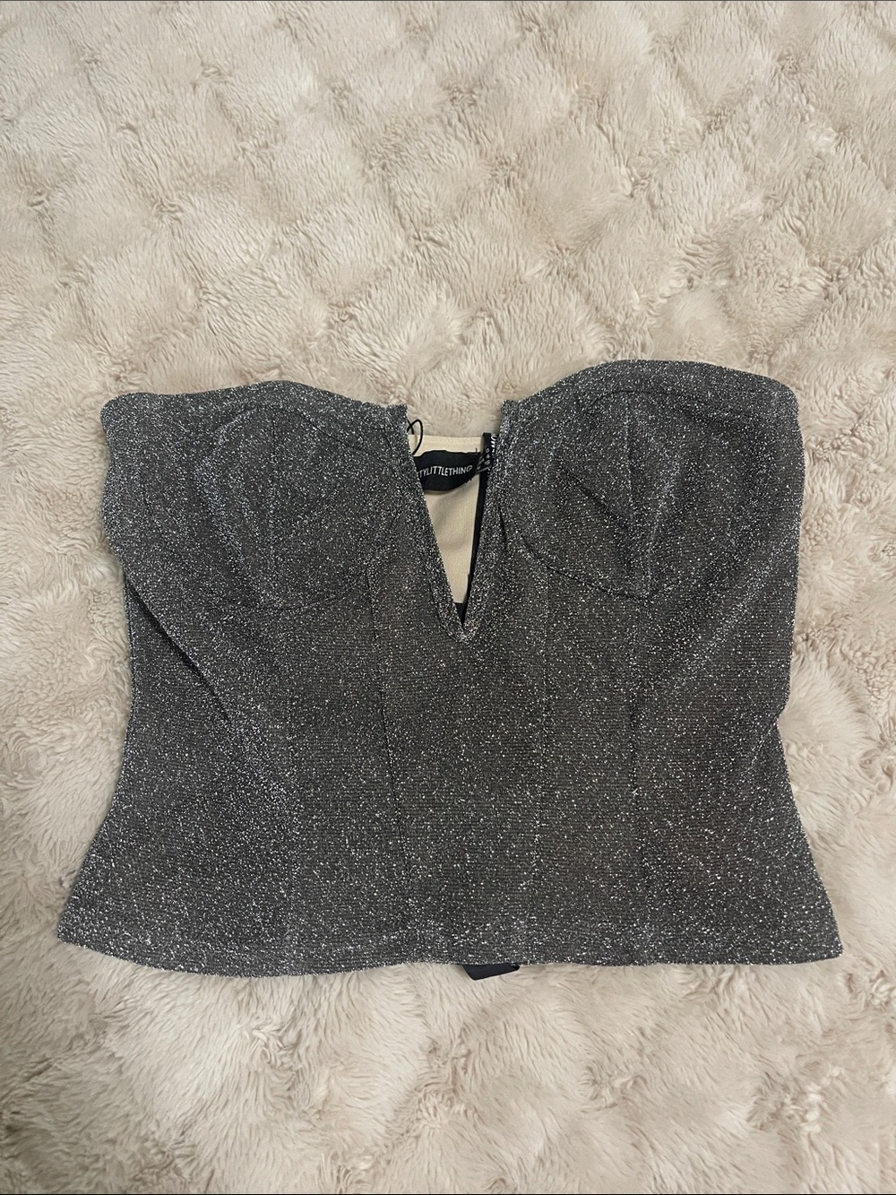 PrettyLittleThing Silver Glitter Strapless Bustier Top